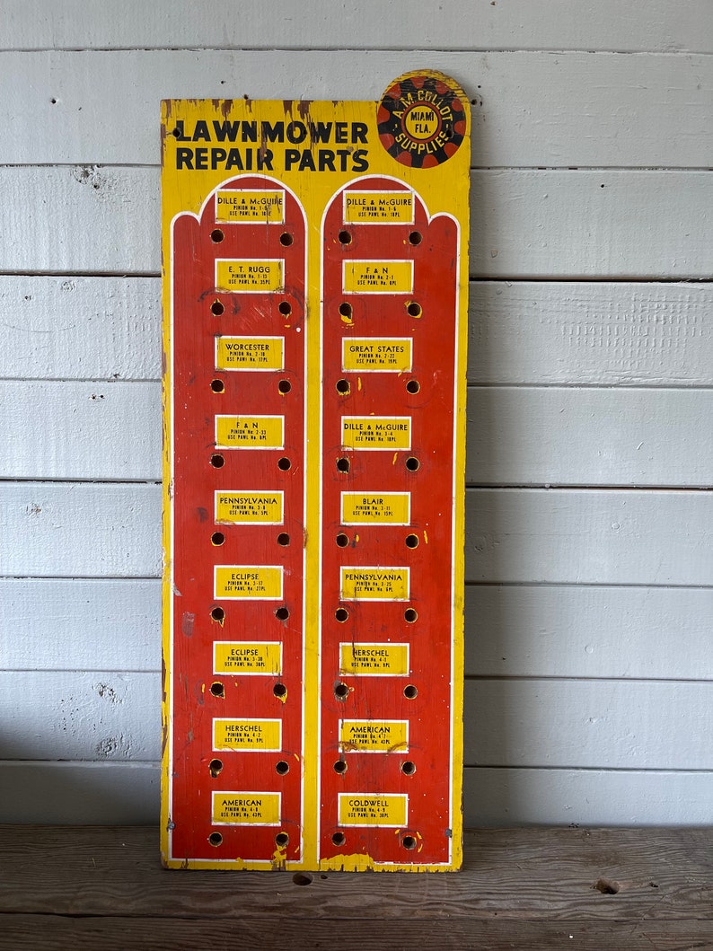 Lawnmower Repair Parts Display Hardware Store Industrial Display Red and Yellow Wood Rack Wall Rack Necklace Display Jewelry Display image 7