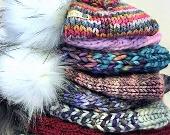 Handmade Knit Toddler Fur Pom Hat | Multi-Color Winter Hat | Baby Girl Winter Hat | Small Winter Hat | Small Hat with Fur Pom | Kids Hat