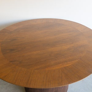 Lane First Edition Walnut Expanding Pedestal Round Dining Table Mid Century No Leaf MCM 44 inch Table Dark Wood Drum Shaped image 5