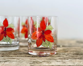 Poinsettia Lowball Glasses Set of 4 | Red Flower Low Ball Glasses | Bar Glasses | Vintage Bar | Festive Bar Gift