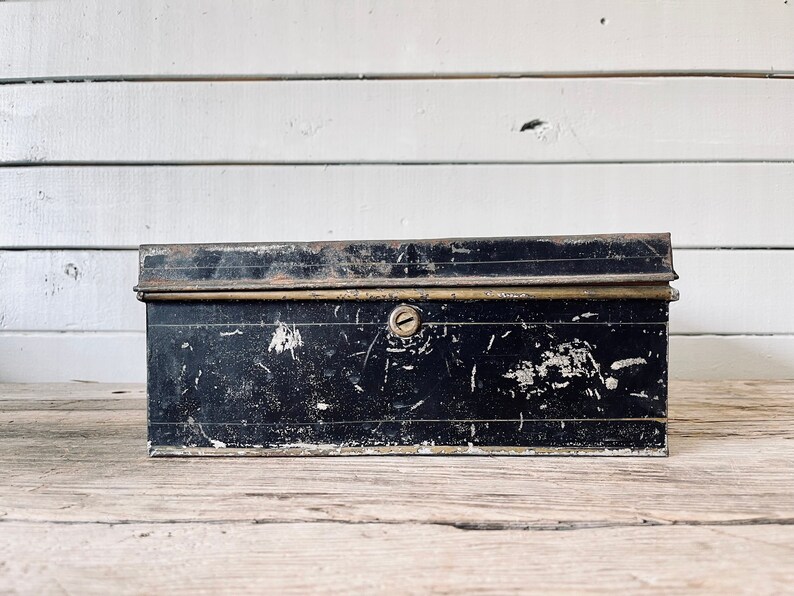 Vintage Metal Box Cash Box Black Metal Box Craft Storage Card Box Card Display Rustic Metal Storage Industrial Desk Organization image 1