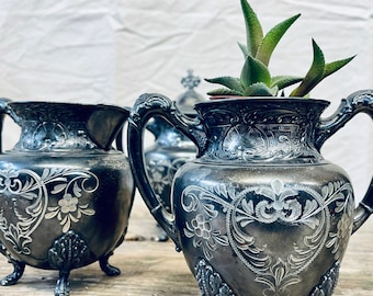 Homan Silver Quadruple Plate | Antique Silver Pitcher | Small Silver Pitcher with Handle Ornate | Shabby Chic | Tarnished