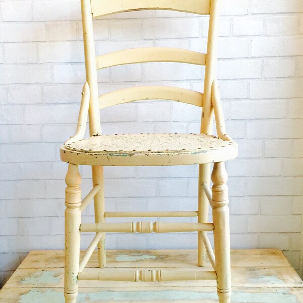 Butter Yellow Farmhouse Chair | Perforated Seat | Nailhead Trim | Chippy | Shabby Chic | Girl's Room | Plant Stand