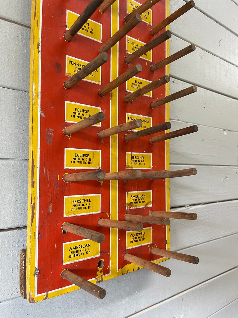 Lawnmower Repair Parts Display Hardware Store Industrial Display Red and Yellow Wood Rack Wall Rack Necklace Display Jewelry Display image 4