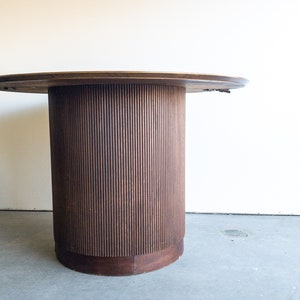 Lane First Edition Walnut Expanding Pedestal Round Dining Table Mid Century No Leaf MCM 44 inch Table Dark Wood Drum Shaped image 2