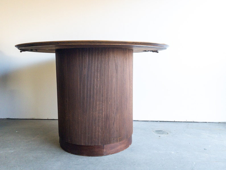 Lane First Edition Walnut Expanding Pedestal Round Dining Table Mid Century No Leaf MCM 44 inch Table Dark Wood Drum Shaped image 2