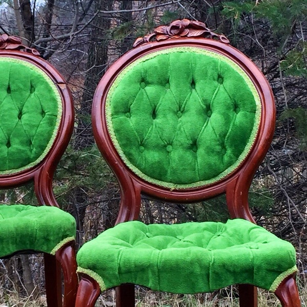 Silla de salón Mahoghany | Kelly Green | Tufted | Botón back | Antigua silla de comedor | palo de rosa de 1800 | Victoriana