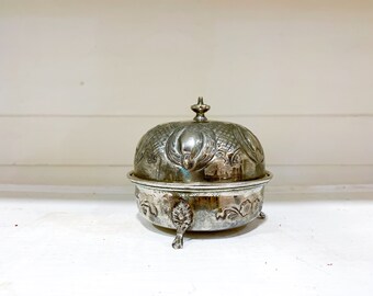 Moroccan Sugar Bowl Antique Repousse Silver Footed Bowl with Lid Sucriere Silver Canister Hammered Metal Islamic