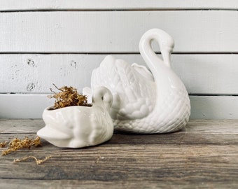 Vintage Swan Planter AND Cygnet Planter SET of TWO Cream Pottery Creamware Bird Statue Figurine Garden Small Planter Swan and Cygnet