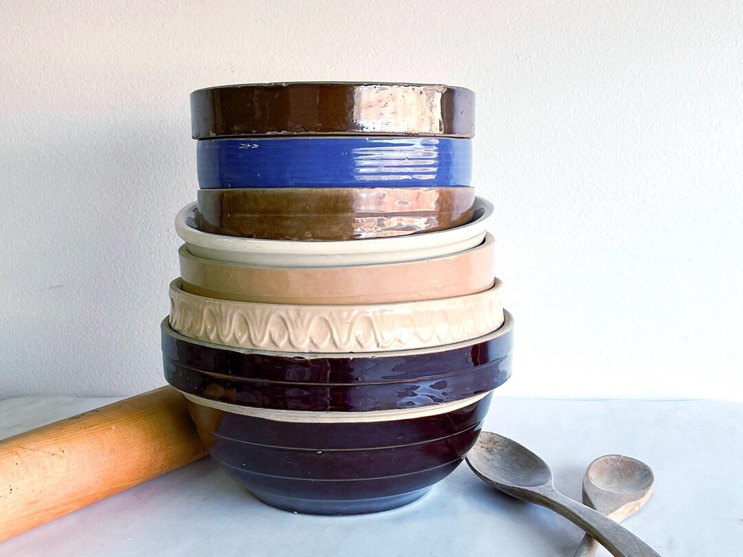 Vintage Blue Stoneware Bowl 7” Mixing Serving Ribbed Shoulder Bowl ...