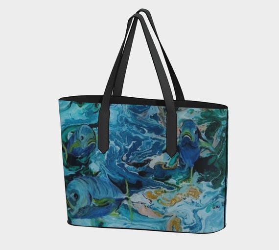 Vegan leather tote bag with Marine Life painting