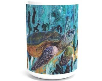 May include: White ceramic mug featuring a detailed illustration of a sea turtle swimming in a vibrant, abstract ocean scene. The turtle has a brown and green shell with patterned flippers, set against a backdrop of blue, teal, and yellow hues.