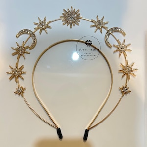Himmlische Kristall Tiara Krone: Gold Mond & Stern Kopfschmuck
