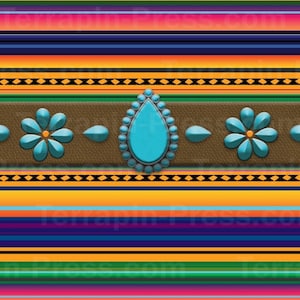 May include: A vibrant, patterned design with horizontal stripes in shades of blue, orange, yellow, and pink. A brown band with turquoise floral and teardrop accents is centered in the design.