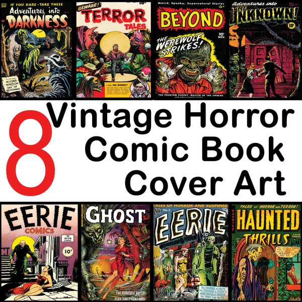 8 Vintage Horror Comic Book Cover Art Download Eerie Ghost Graphics Clip Art Digital Prints