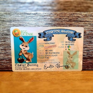 May include: A brown and white Easter bunny holding a basket of eggs. The bunny is wearing a blue collar and has a license with the text "Easter Island" and "Easter Bunny".