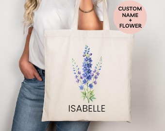 Personalized Birth Flower Tote Bag, Custom Botanical Canvas Tote for Women, Bride Tote Bag, Birth Month Flower Gift, Bridesmaid Tote