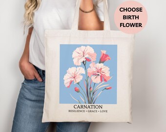 Birth Flower Tote Bag, Botanical Canvas Tote for Women, Custom Birth Month Flower Bag, Gift for Her, Birth Flower Gifts, Floral Canvas Tote