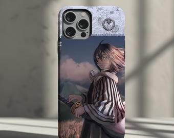 Könnte beinhalten: Handyhülle mit einer Anime-Illustration. Das Design zeigt eine Figur mit einem Schwert vor einer Berglandschaft. Die Hülle hat eine glänzende Oberfläche und ein schützendes Design.