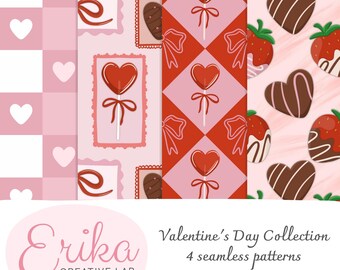 Valentine's Day Seamless Pattern Set – Hearts & Chocolate (Digital Download)