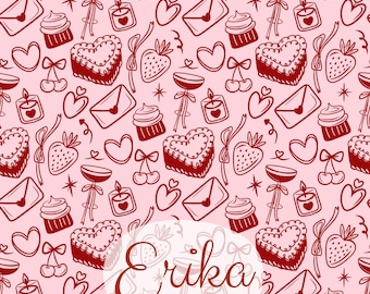 Valentine Bakery Seamless Pattern, Strawberry & Love Letter Repeat Design (Digital Download)