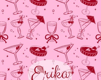 Cocktail Seamless Pattern – Hand-Drawn Drink Pattern, Girly Aesthetic Martini Clipart, Cute Pink and White Background