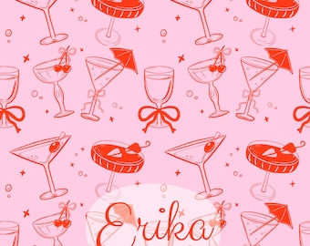 Cocktail Seamless Pattern – Hand-Drawn Drink Pattern, Girly Aesthetic Martini Clipart, Cute Pink and White Background