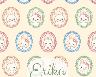 Cute Bunny Cameo Seamless Pattern – Kawaii Rabbit Portrait Frames & Pastel Bows | Easter Spring Repeat Design | Digital Download