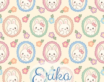 Easter Bunny Cameo Seamless Pattern – Cute Kawaii Rabbit Frames, Pastel Flowers & Bows | Spring Repeat Design | Digital Download