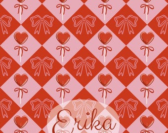Valentine Heart Lollipop Seamless Pattern – Pink Red Checkered Digital Paper (Digital Download)
