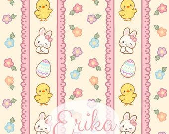Easter Bunny & Chick Seamless Pattern – Kawaii Rabbit, Baby Chick, Easter Eggs, Pastel Flowers, Spring Repeat Design | Digital Download