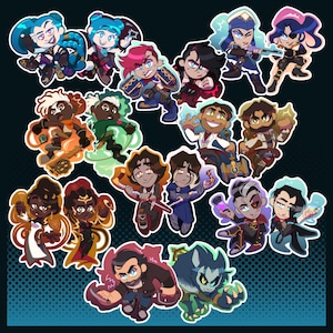 Puede incluir: Una colección de pegatinas de personajes de dibujos animados coloridos. Cada pegatina presenta un personaje diferente con atuendos y expresiones únicas. Los personajes tienen varios tonos de piel y peinados, con un diseño dinámico y juguetón. Las pegatinas están sobre un fondo oscuro.