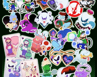 May include: A collection of colorful stickers featuring various cartoon characters. The stickers include images of Mario, Luigi, ghosts, and other characters from the Super Mario video game franchise. The stickers are in various shapes and sizes, with a green background.