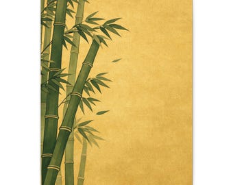 May include: A rectangular print featuring a bamboo forest illustration. The bamboo stalks are green with dark green leaves, set against a golden yellow background. The artwork evokes a sense of tranquility and natural beauty.