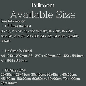 K&ouml;nnte beinhalten: Bild von Peliroom mit verf&uuml;gbaren Gr&ouml;&szlig;en f&uuml;r Kunstwerke. US-Gr&ouml;&szlig;en sind in Zoll angegeben, einschlie&szlig;lich 8x12", 11x14" und 30x40". UK-Gr&ouml;&szlig;en sind A-Gr&ouml;&szlig;en, und EU-Gr&ouml;&szlig;en sind in Zentimetern, wie 20x30cm und 75x100cm.