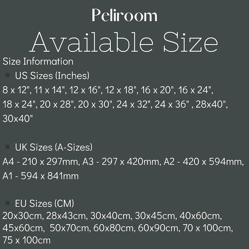 K&ouml;nnte beinhalten: Bild von Peliroom mit verf&uuml;gbaren Gr&ouml;&szlig;en f&uuml;r Kunstwerke. US-Gr&ouml;&szlig;en sind in Zoll angegeben, einschlie&szlig;lich 8x12", 11x14" und 30x40". UK-Gr&ouml;&szlig;en sind A-Gr&ouml;&szlig;en, und EU-Gr&ouml;&szlig;en sind in Zentimetern, wie 20x30cm und 75x100cm.
