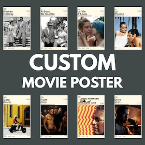 Può includere: Una collezione di poster cinematografici personalizzati, ognuno con un film diverso. I poster sono in stile minimalista con il titolo e l'anno del film. Il testo "CUSTOM MOVIE POSTER" è in grandi lettere bianche al centro.