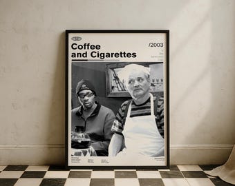Póster de película vintage "Café y cigarrillos" / Jim Jarmush Roberto Benigni / Arte mural de películas retro / Decoración de pared minimalista