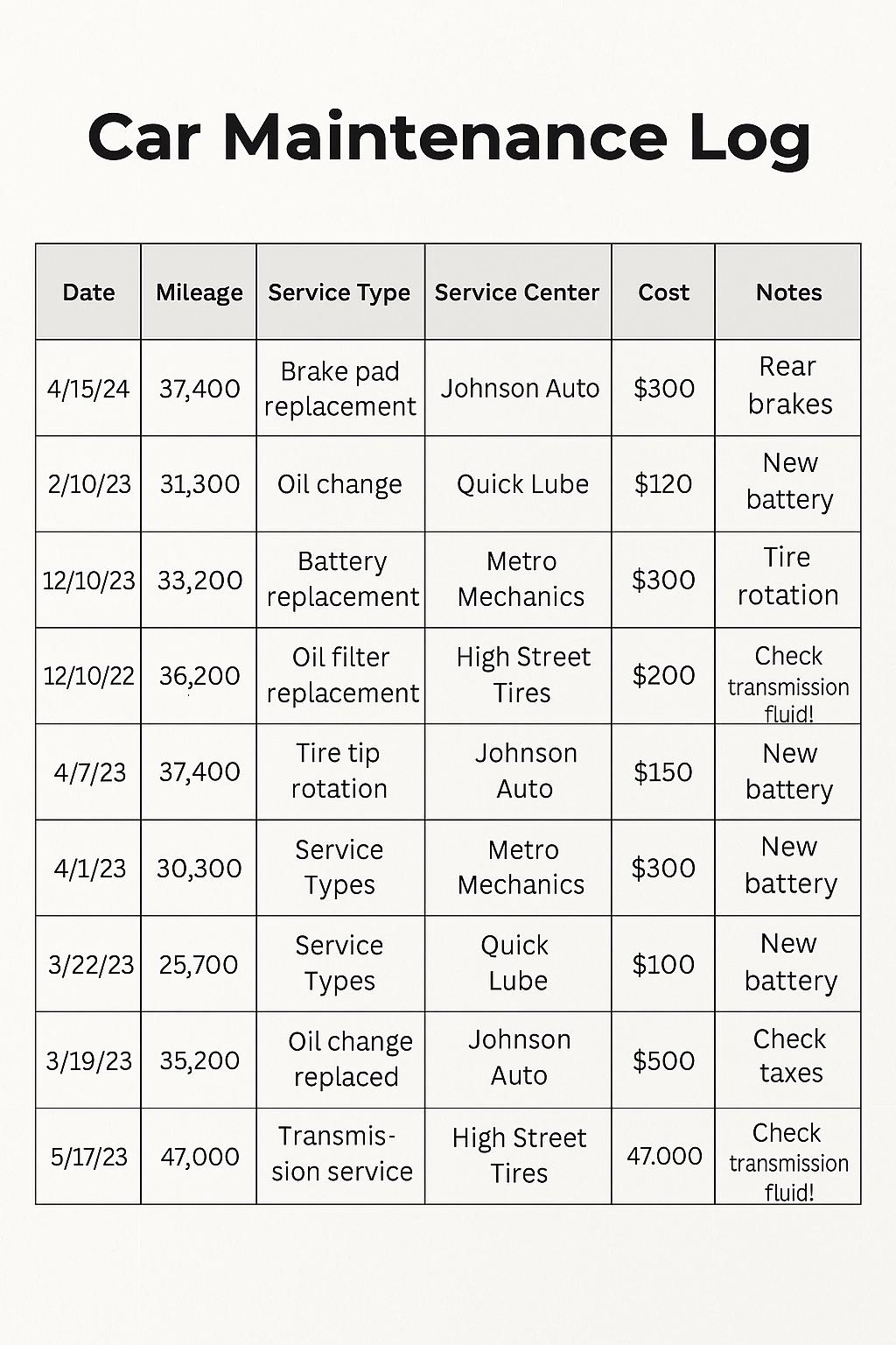 Car Maintenance Log Printable – 5 Color Bundle | Vehicle Service ...