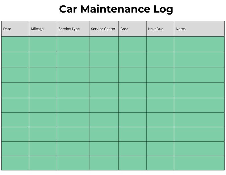 Car Maintenance Log Printable – 5 Color Bundle | Vehicle Service ...