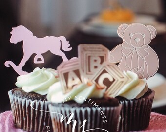 Acrylic Cupcake Topper, Cake Charms, Bear Theme, Flat Lay Cake Topper, Rocking Horse, ABC Blocks, Dessert Topper, Bearly Wait Baby Shower