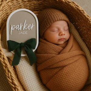 Acrylic Baby Name Sign, Baby Birth Announcement Plaque, Ribbon Hospital Bassinet Sign
