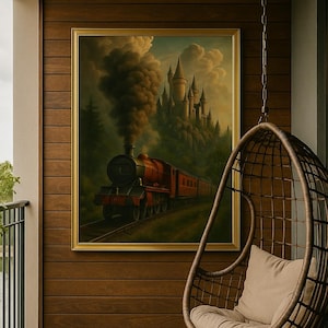 Magical Steam Train to Enchanted Castle | Vintage Fantasy Wall Art Print | Fairytale Railway Painting for Home & Luxury Interior Decor