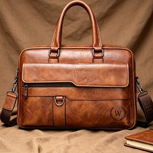 Peut inclure: Une serviette en cuir marron avec une poignée supérieure, une bandoulière et une poche avant. Le sac a une finition texturée et un emblème "W" décoratif. Un carnet marron assorti est à côté.