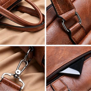 Puede incluir: Primeros planos de un bolso de cuero marr&oacute;n, mostrando detalles como el asa, los herrajes met&aacute;licos y la cremallera. El bolso tiene una superficie texturizada y un dise&ntilde;o elegante, centr&aacute;ndose en su construcci&oacute;n y materiales.