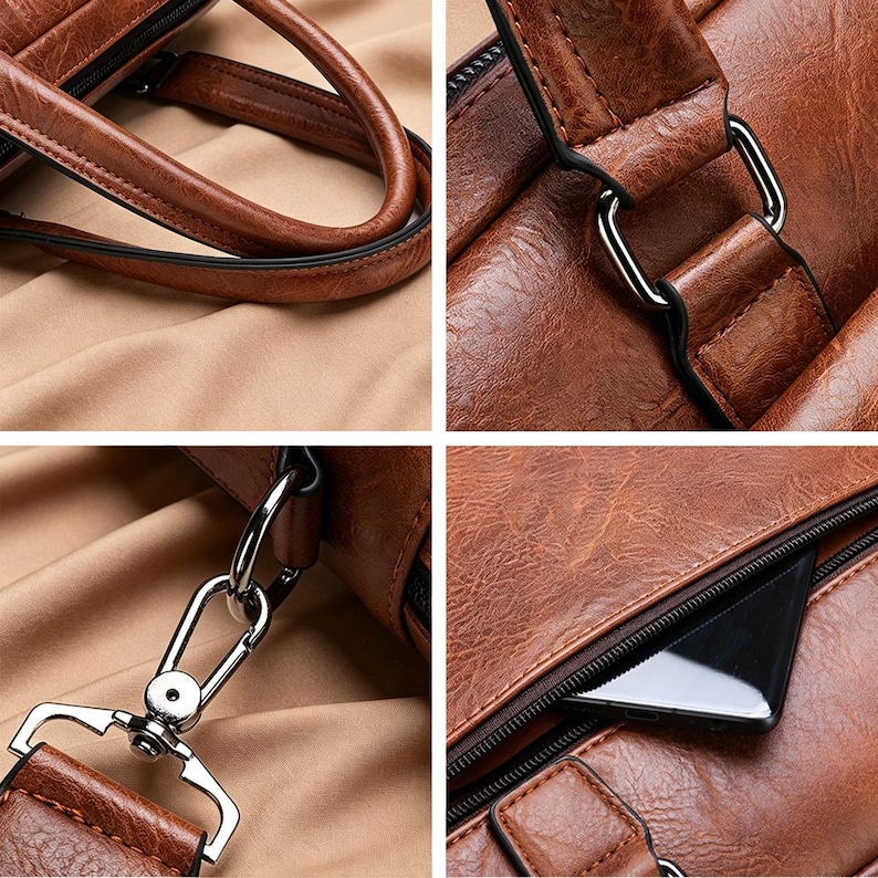Puede incluir: Primeros planos de un bolso de cuero marr&oacute;n, mostrando detalles como el asa, los herrajes met&aacute;licos y la cremallera. El bolso tiene una superficie texturizada y un dise&ntilde;o elegante, centr&aacute;ndose en su construcci&oacute;n y materiales.