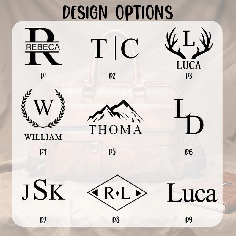 Puede incluir: Imagen que muestra opciones de dise&ntilde;o para un bolso, con el texto "DESIGN OPTIONS" en la parte superior. Los dise&ntilde;os incluyen iniciales, nombres y elementos gr&aacute;ficos como cornamentas y monta&ntilde;as. El bolso es visible en el fondo.