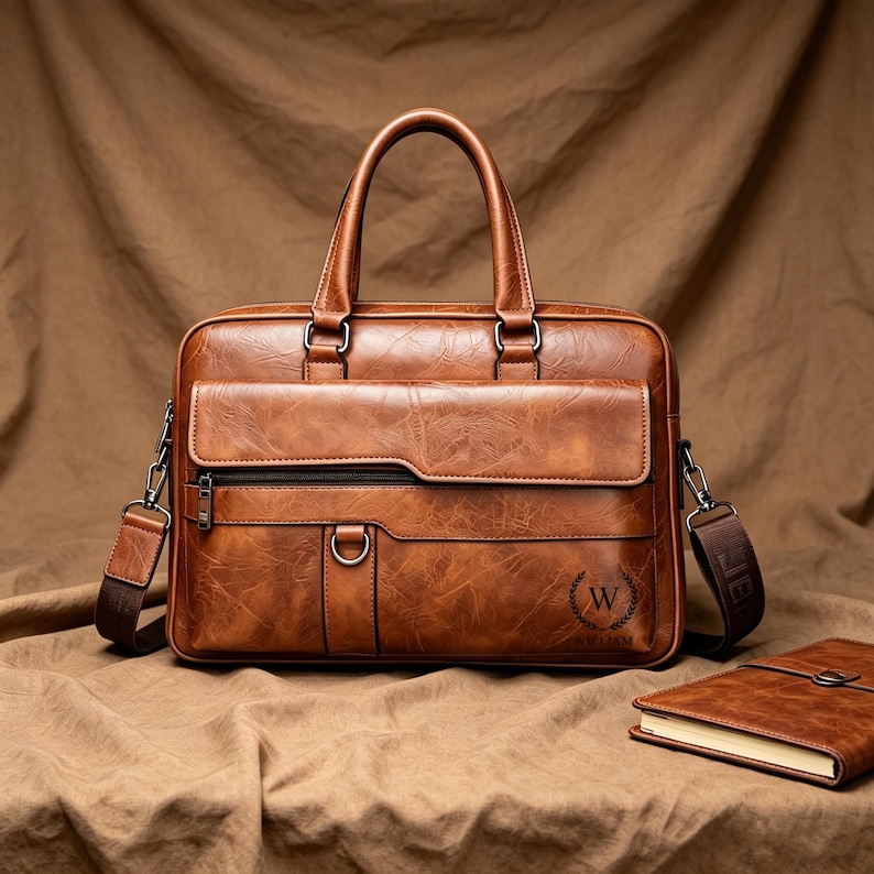 Puede incluir: Un malet&iacute;n de cuero marr&oacute;n con asa superior, bandolera y bolsillo delantero. La bolsa tiene un acabado texturizado y un emblema "W" decorativo. Un cuaderno marr&oacute;n a juego est&aacute; al lado.