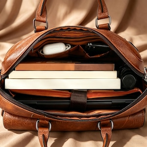 Puede incluir: Un malet&iacute;n de cuero marr&oacute;n abierto, que revela un port&aacute;til, libros y accesorios. La bolsa tiene un asa superior y una correa para el hombro. El interior presenta un forro a rayas y varios bolsillos para la organizaci&oacute;n.