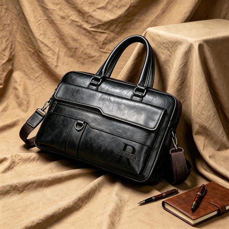 Puede incluir: Malet&iacute;n de cuero negro con asa superior y bandolera desmontable. La bolsa tiene un bolsillo frontal con solapa, un bolsillo con cremallera y la palabra "REBECA" impresa en la parte delantera. Un bol&iacute;grafo y un cuaderno est&aacute;n al lado de la bolsa.